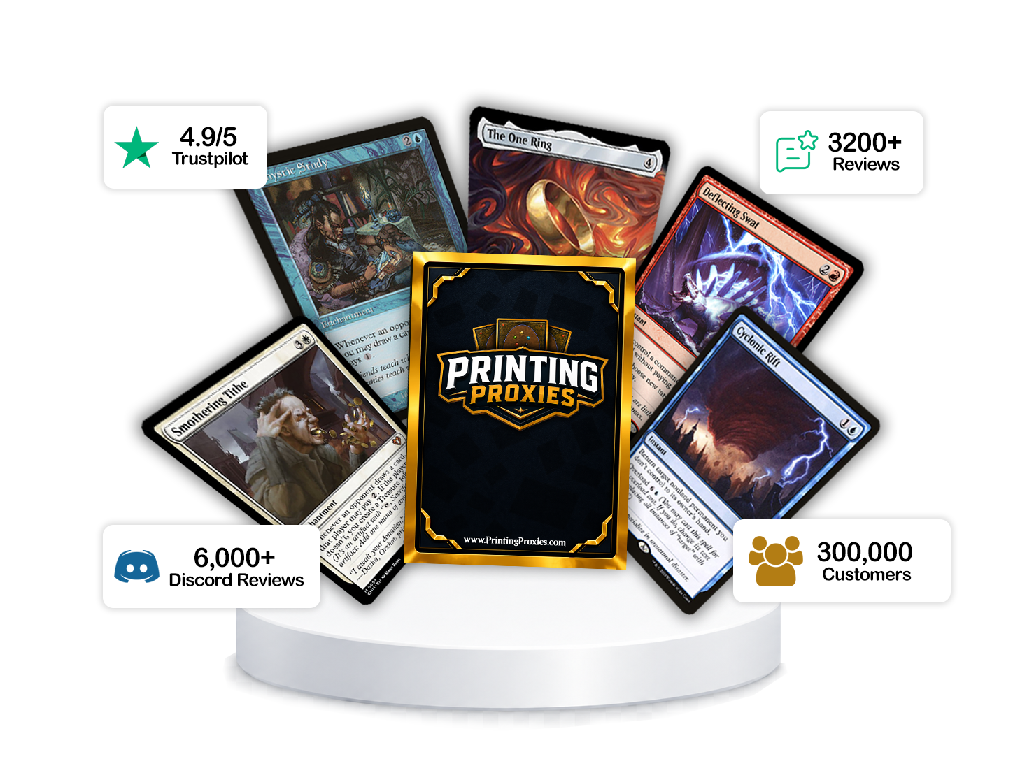 Premium MTG proxy card cluster with review, Discord, and delivery stats